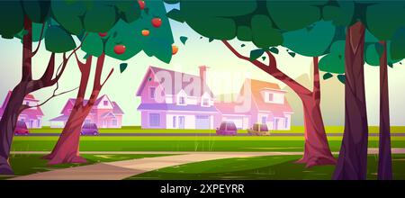 Vorstadtstraße mit Autos. Vektor-Cartoon-Illustration von Autos, die in der Nähe von Häusern im Dorf geparkt sind, Äpfel auf Obstbäumen im Garten mit grünem Gras und Fußweg, sonniger Tag in der ländlichen Nachbarschaft Stock Vektor