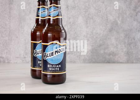 Los Angeles, Kalifornien, USA - 01.03.2022: Ein Blick auf einige Flaschen Blue Moon belgisches Weißbier. Stockfoto