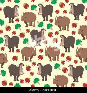 Niedliches Nilpferd, Nashorn mit Obst und Gemüse als Musterhintergrund Stock Vektor