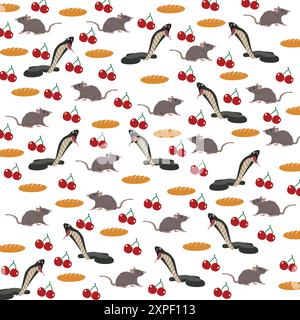 Niedliche Ratte, Schlange mit Kirsche und Brot als Musterhintergrund Stock Vektor