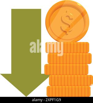 Stapel goldener Dollarmünzen mit einem großen grünen Pfeil nach unten, der das Konzept eines Marktabsturzes veranschaulicht Stock Vektor