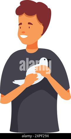 Ein lächelnder junger Mann hält einen weißen Taubenvogel nahe an seiner Brust, symbolisiert Frieden und Hoffnung Stock Vektor