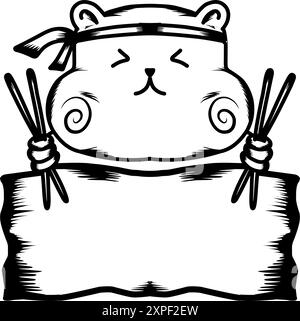 Design-Grafik mit China Food Panda und Essstäbchen in Mütze Logo-Vorlage. Vektor moderne Linienführung flache Zeichentrickfigur Stock Vektor