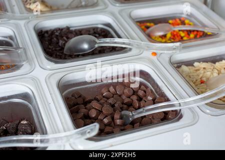 Ein Blick auf mehrere Behälter voller Beläge in einem gefrorenen Joghurt oder einer Eisdiele. Stockfoto