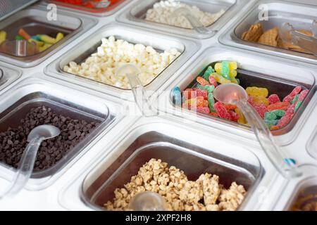 Ein Blick auf mehrere Behälter voller Beläge in einem gefrorenen Joghurt oder einer Eisdiele. Stockfoto