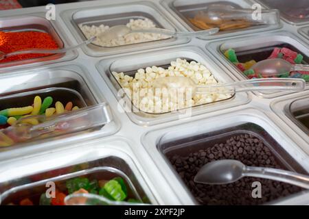 Ein Blick auf mehrere Behälter voller Beläge in einem gefrorenen Joghurt oder einer Eisdiele. Stockfoto
