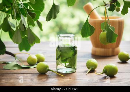 Flasche Ginkgo biloba Infusion, Tinktur oder Extrakt. Gesundes Ginkgo biloba ätherisches Öl oder Serum, Blätter und Ginkgo Früchte auf Holztisch im Freien Stockfoto