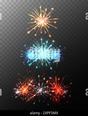 Festliches, transparentes Feuerwerk, isoliert vom Hintergrund. Bunte Festivalexplosionen. Overlay Feuerwerk Effekt für Karten, Banner Stock Vektor