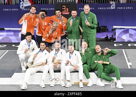Lucas Dussoulier, Timothe Vergiat, Jules Rambaut, Franck Seguela aus Frankreich Silbermedaille, Jan Driessen, DiMeo Van der Horst, Arvin Slagter, würdige de Jong aus den Niederlanden Goldmedaille, Sarunas Vingelis, Gintautas Matulis, Aurelijus Pukelis, Evaldas Dziaugys aus Litauen Bronzemedaille, 3x3 Basketball, Männer's während der Olympischen Spiele 2024 in Paris am 5. August 2024 in La Concorde in Paris, Frankreich Stockfoto