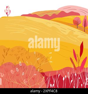 Herbstliche Hügel mit roten Büschen und Blumen im Volksmodell. Erntezeit. Postkarte mit quadratischem Poster. Handgezeichnet. Flacher Vektor Stock Vektor