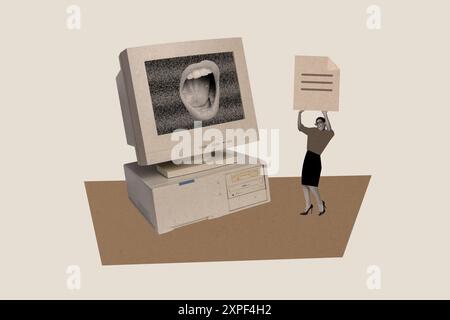 Composite Collage Bild von lustigen weiblichen Futtermündchen hungrigen Monitor Computer Arbeitsprozess Datei Billboard Comics Zine minimal Stockfoto