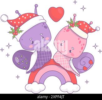 Süßes Weihnachtspaar in Liebe Schnecken Mädchen und Junge in Weihnachtsmann Hut auf Regenbogen. Lustiger Weihnachtsinsekten-Kawaii-Charakter. Vektor-festliche Illustration Stock Vektor