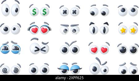 3D-Kunststoffaugen. Comic-Auge unterschiedliche Emotionen. Ausdrucksaugen für Puppen, romantisches Glück, wütender trauriger Blick. Realistischer Vektor Stock Vektor