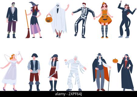 Halloween-Leute. Teenager tragen gruselige Kostüme für Partys oder Festivals. Glückliche Erwachsene auf gruseligen Karneval, Geisterhexen-Zombie-Kicky-Vektorfiguren Stock Vektor