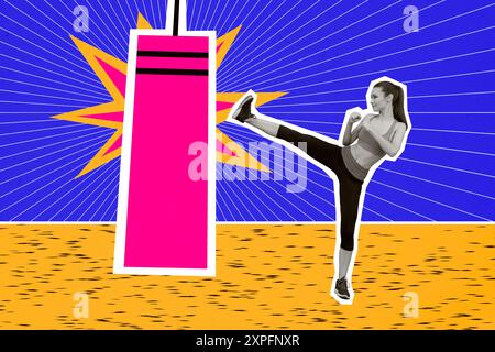 Composite Collage Bild von coolen weiblichen Kick Boxen Birnenkampf Sportswoman Reklametafeln Comics Zine minimal Stockfoto