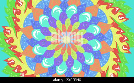 Dekorative Illustration mit nahtlosem Muster und farbenfrohen Mandalas. Perfekt für Hintergrundposter, Banner, Werbung, Websites, Bucheinbände Stock Vektor