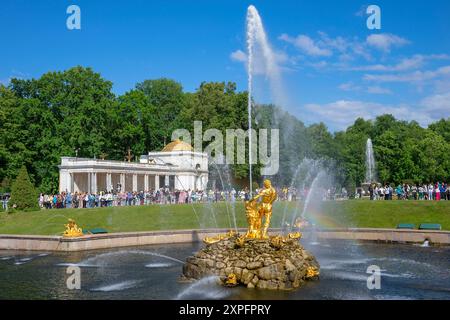 PETERHOF, RUSSLAND - 13. JUNI 2024: Samson-Brunnen im Peterhof-Palast und Park-Ensemble, Russland Stockfoto