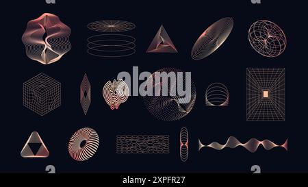 Retrofuturismus Pfirsichfuzz 3D-Gitter-Design-Elemente-Kollektion isoliert auf schwarzem Hintergrund. Illustration des abstrakten Netzmusters Stock Vektor