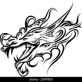 Drachenkopf-Tribal-Tattoo-Illustration. Perfekt für Aufkleber, Tattoos, Logos, Symbole, Websites, Social-Media-Elemente. Stock Vektor