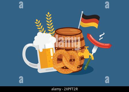 Oktoberfest-Elemente mit Bier, Wurst, Lebkuchen und deutscher Flagge. Handgezeichnete Vorlagen Für Flat Cartoon. Vektorabbildung Stock Vektor