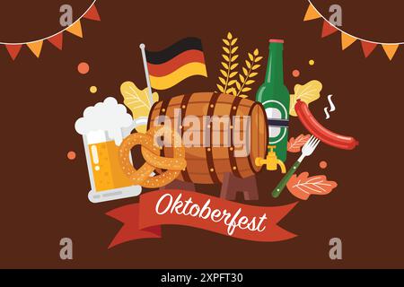 Fröhliches Oktoberfest fest mit Bier, Wurst, Lebkuchen und deutscher Flagge. Handgezeichnete Vorlagen Für Flat Cartoon. Vektorabbildung Stock Vektor