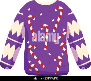 Lila weihnachtspullover mit einem sich wiederholenden Muster aus Zuckerstangen und Sternen, perfekt für festliche Feiern und Feiertage Stock Vektor