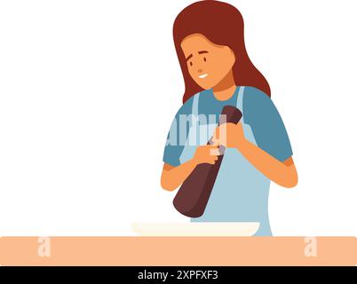 Frau mahlt Gewürze mit Mörtel und Stößel in ihrer Küche Stock Vektor