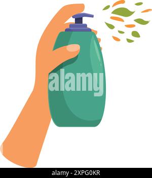 Die Hand hält eine Sprühflasche und drückt den Spender zum Reinigen und Desinfizieren Stock Vektor