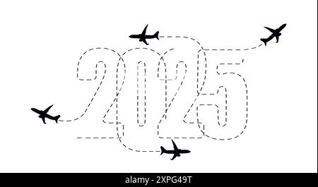 Frohe Weihnachten und Neujahrskonzept. Die Flugstrecke des Flugzeugs im Jahr 2025. Vektor Stock Vektor
