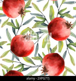 Granatäpfel-Baum mit Früchten und Blättern nahtloses Aquarellmuster auf weißem Hintergrund für Rosch Hashanah Stockfoto