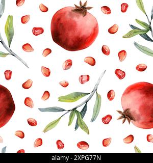 Rotes Granatäpfel Aquarellmuster mit Reifen Früchten, Zweigen und Samen auf weißem Hintergrund für Herbsternte Stockfoto
