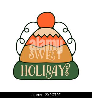 Design-Elemente für Weihnachtsmütze, Aufkleber, Stempel und Abzeichen im Retro-Stil. Silvester-Feiertage-Elemente isoliert auf weißem Hintergrund. Abbildung Stockfoto