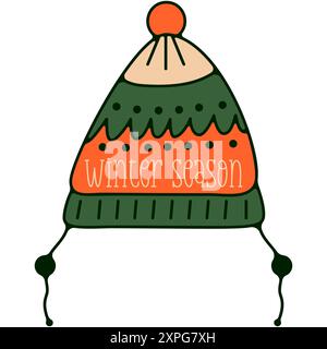 Weihnachtsetikett mit Wintermütze, Sticker, Stempel und Abzeichen im Retro-Stil. Silvester-Feiertage-Elemente isoliert auf weißem Hintergrund. Illu Stockfoto