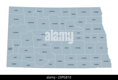 North Dakota, US-Bundesstaat, unterteilt in 53 Countys, graue politische Karte mit Grenzen und County-Namen. Bundesstaat im oberen Mittleren Westen der USA. Stockfoto