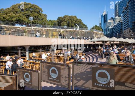 Opera Bar im Sydney Opera House mit Leuten, die Mittagessen und Getränke in der Sonne genießen, Stadtzentrum von Sydney, NSW, Australien Stockfoto