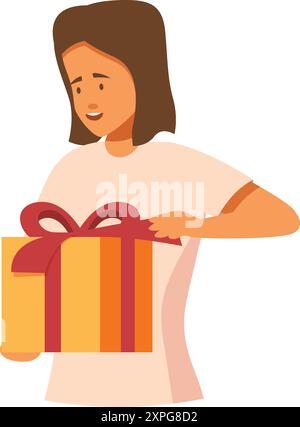 Die junge Frau öffnet ein Geschenk mit einem roten Band, sie lächelt und sieht das Geschenk an Stock Vektor