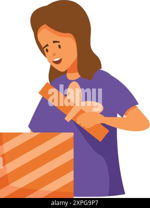 Die junge Frau bereitet ein Paket für den Versand vor, indem sie einen Klebebandspender benutzt, um einen Karton zu versiegeln Stock Vektor