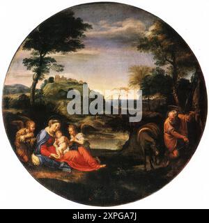 CARRACCI, Annibale (* 1560, Bologna, d. 1609, Roma) Rest auf Flug nach Ägypten ca. 1600 Öl auf Leinwand, Durchmesser 82,5 cm die Eremitage, St. Petersburg während seiner Zeit in Rom war Annibale ein begeisterter Vertreter einer gereinigten klassischen Kunst. Er zollte ihm seine Ehre in der beeindruckenden Decke, die er die letzten Jahre seines Lebens mit dem Malen im Palazzo Farnese verbrachte. Auf diesem und auch auf den großen Landschaftlünetten in der Galleria Doria Pamphili wurde Annibale von jungen Assistenten, fast alle aus Emilia, unterstützt, die in der Folge dort den klassischen Stil etablierten, der sich als so erfolgreich erwies. Ein Stockfoto