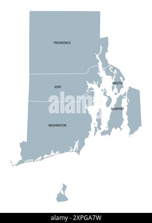 Rhode Island, US-Bundesstaat, unterteilt in fünf Countys, graue politische Karte mit Grenzen und County-Namen. Bundesstaat in der Region Neuengland der USA. Stockfoto