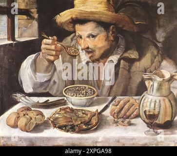 CARRACCI, Annibale (* 1560, Bologna, d. 1609, Roma) The Beaneater 1580-90 Oil on Canvas, 57 x 68 cm Galleria Colonna, Rom das Interesse von Künstlern und Kunstkäufern an weltlichen Bildern des „bescheidenen“ Alltags ist seit jeher von besonderer soziokultureller Bedeutung. Erste Streifzüge in diese Richtung führten zur Entwicklung der so genannten Genre-Szene, die bereits in den französisch-flämischen Wandteppichen des 15. Jahrhunderts und in den Werken von Pieter Aertsen und Willem Beuckelaer Mitte des 16. Jahrhunderts deutlich wurde. Ohne ihr Beispiel wäre die Entstehung im frühen italienischen Barock wahrscheinlich recht gewesen Stockfoto