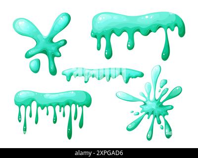 Farbenfroher tropfender Schleim im Zeichentrick. Schleimspritzer und Flüssigkeitstropfen. Giftiges Spritzen, klebriges schleimiges Element. Vektorillustration isoliert auf weiß Stock Vektor