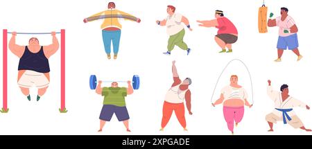 FAT People Training. Fettleibige Person Fitness Gym oder Outdoor Sommer Workout, lustige mollige Charaktere aktive Sportübung Laufen Springen für Gewichtsverlust, klassische Vektor Illustration Autoren Grafiken Stock Vektor