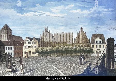 Historische Ansicht, 19. Jahrhundert, von der Stadt und Marktplatz Greifswald, Mecklenburg-Vorpommern, Deutschland, digitale restaurierte Reproduktion Stockfoto