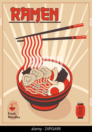 Ramen-Poster. Japanische Nudeln Suppe Shop Retro Comic Banner, Udon Nudeln mit Ei Rindfleisch in Schüssel japan Ramen Vintage Label Aufkleber asiatisch chinesisches Lebensmittel Label, saubere Vektor Illustration Autoren Grafiken Stock Vektor