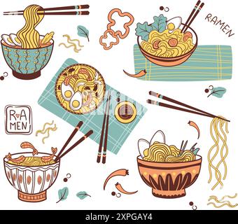 Doodle Ramen-Nudeln. Japanische koreanische chinesische Nudelgerichte in Schüsseln, asiatische Mahlzeit desh kochen Suppe Zutaten japan Snack Fastfood Restaurant Kochmenü, saubere Vektor Illustration Autoren Grafiken Stock Vektor