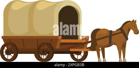 Braunes Pferd, das überdachten Wagen auf weißem Hintergrund zieht Stock Vektor