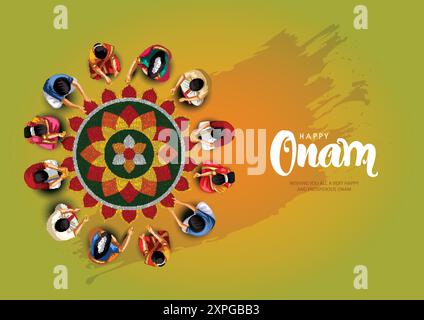 Kerala Festival Happy onam mit Leuten, die Blumendekoration machen, für Poster, Faltblätter, Banner verwenden. Abstraktes Vektor-Illustrationsdesign Stock Vektor