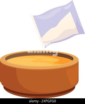 Der Beutel mit Pulver wird in eine Schüssel gefüllt mit einer gelben Flüssigkeit gegossen, wodurch eine Mischung zum Backen entsteht Stock Vektor