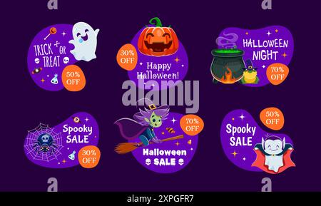 Halloween-Sonderrahmen und kawaii-Geisterfiguren. Isolierte Comic Vektor gruselige Werbeabzeichen, Tags oder Banner Set für saisonalen Rabatt mit Fu Stock Vektor