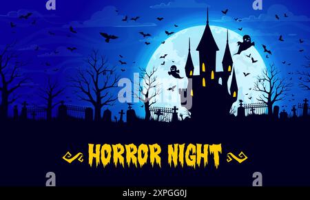 Halloween Schloss Silhouette und Friedhofslandschaft mit fliegenden Geistern und Fledermäusen, Vektor Hintergrund. Halloween-Feiertag-Horror-Nacht-Party-Banner mit ca. Stock Vektor